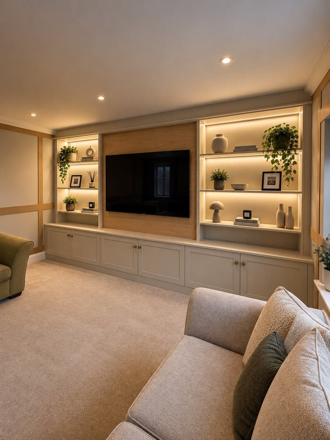 Ivory fitted media wall with lit display shelving either side of an oak-panelled TV recess