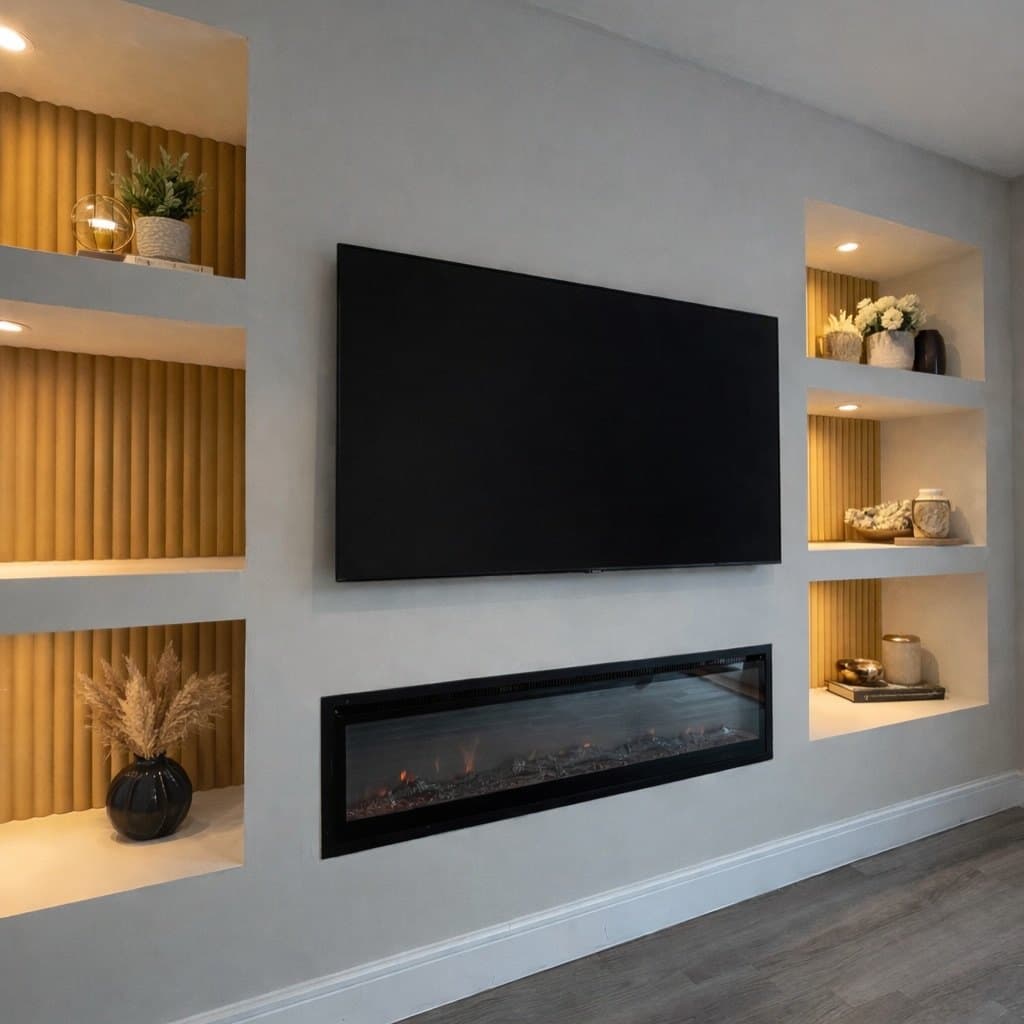Bespoke fitted media wall with lit shelving and a recessed fire